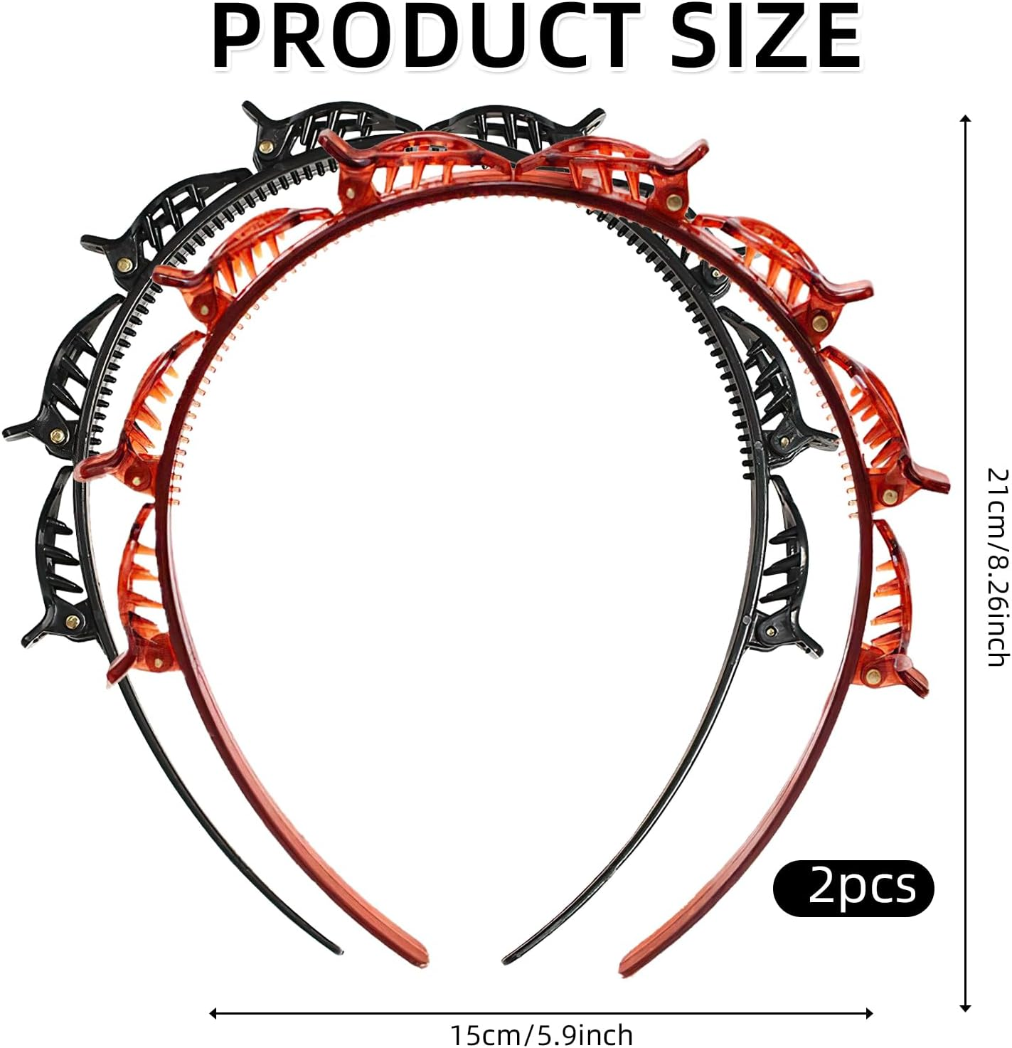 Pack of 2 Hair Bands with Clips, Double Bangs Hairstyle Hairpin, Hair Bands with Clips, Women'S Headband for All Hair Types and Hairstyles (Black and Brown, 1) image number 5