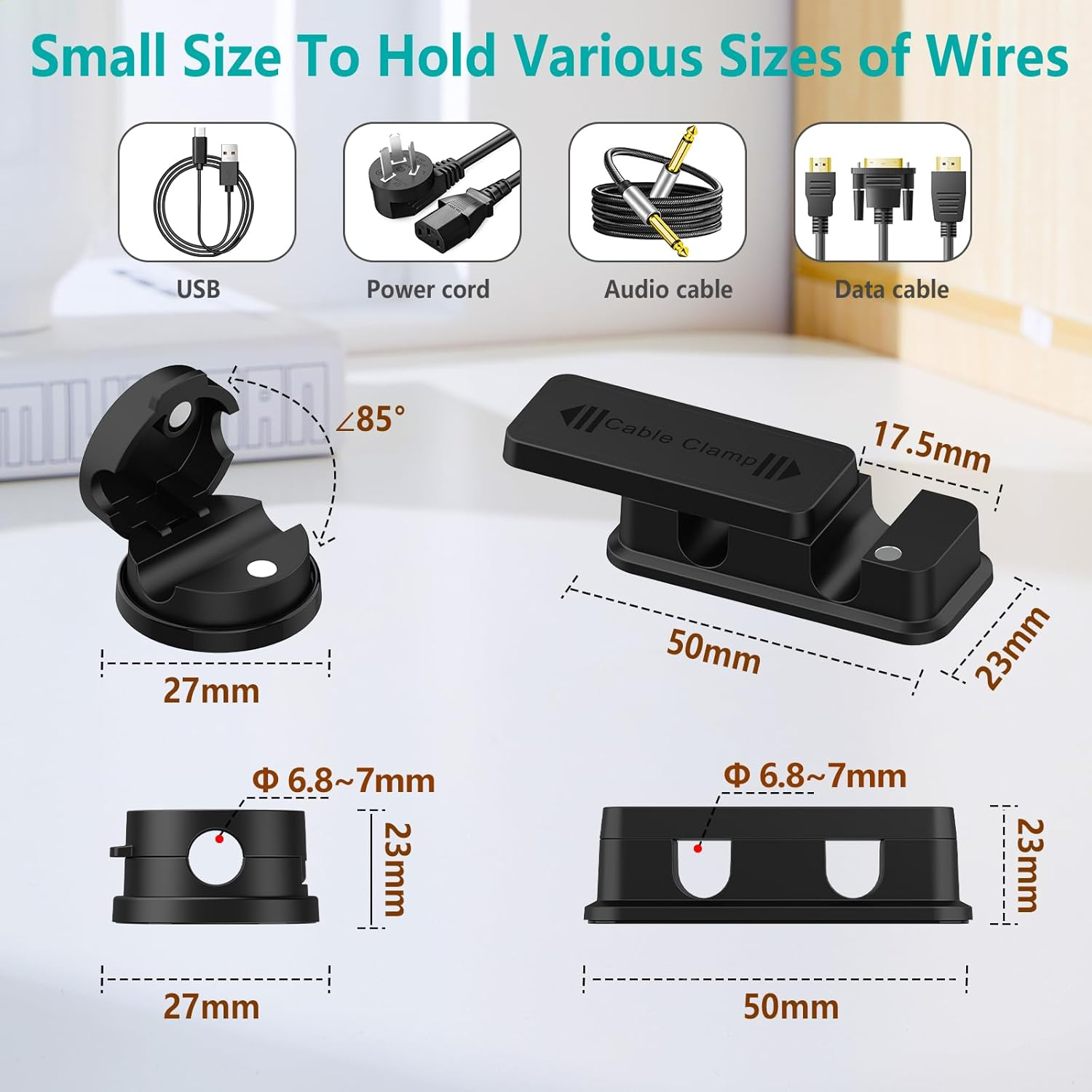 Geeric 8 Pack Magnetic Cable Management, 6 PCS Rotatable Cord Organizers, 2 PCS Dual Slot Charging Cords Wire Holders, Adhesive for Office Home Car - Black image number 3