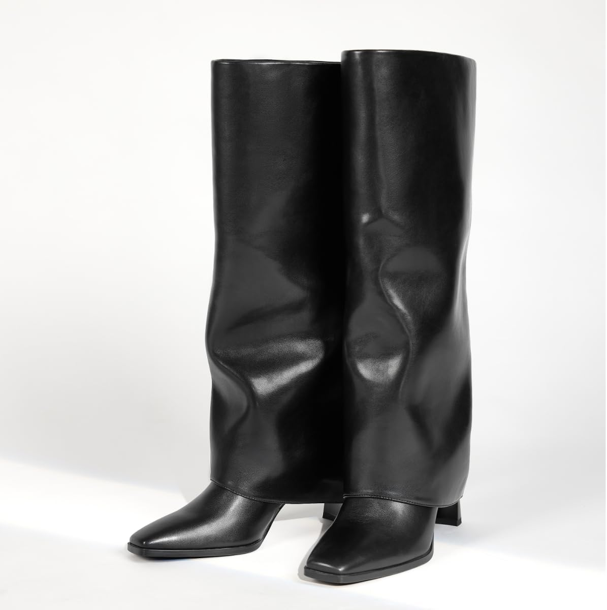 Wetkiss Knee High Boots Women Fold over Square Toe Chunky Heel with Half Zipper Long Knee High Dress Tall Boots for Women Fashion Party Wedding Daily image number 3