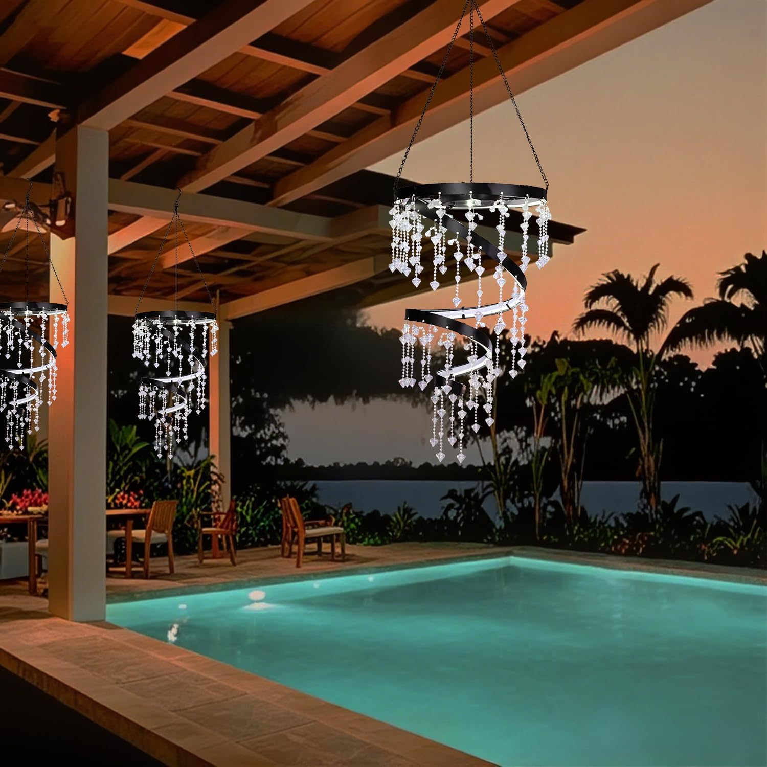 Solar Hanging Crystal Chandelier Outdoor Garden Decorative Lights Bright White 5Ft LED Strip Waterproof Hanging Lantern for Valentine Gifts Garden Gazebo, Party, Wedding Style 2 image number 5