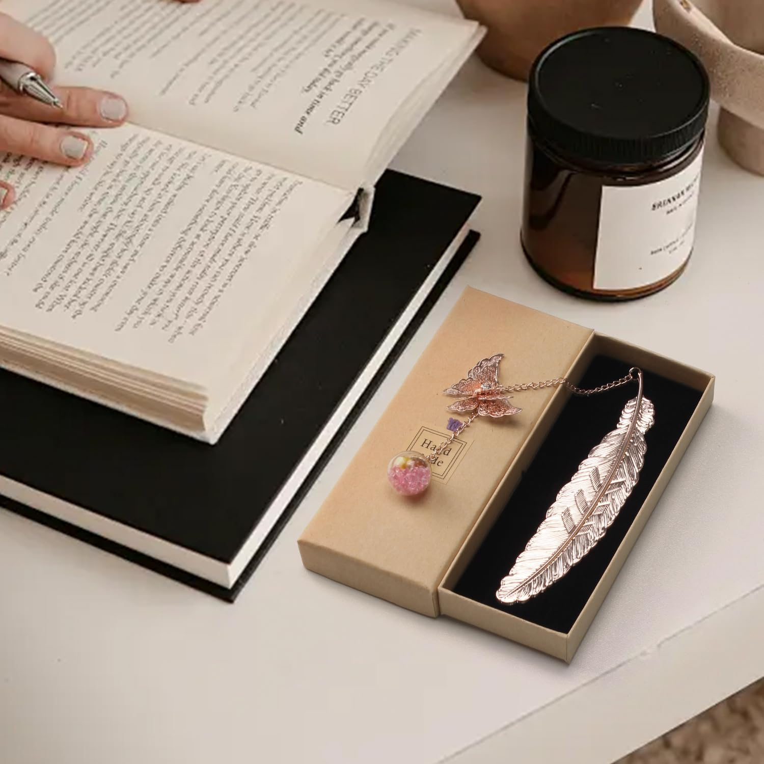 COZY CORE Metal Feather Butterfly Bookmark,3D Butterfly Pendant Bookmarks, Vintage Metal Feather Bookmark - Silver Feather image number 3