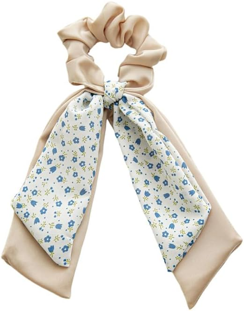 Double Hair Scarf Scrunchies with Ribbon Ties, Bow Scrunchies for Women Girls, Chiffon Floral Scrunchie Short Hair Bows Ties Ponytail Holder (4PCS) (Set 1, One Size) image number 4