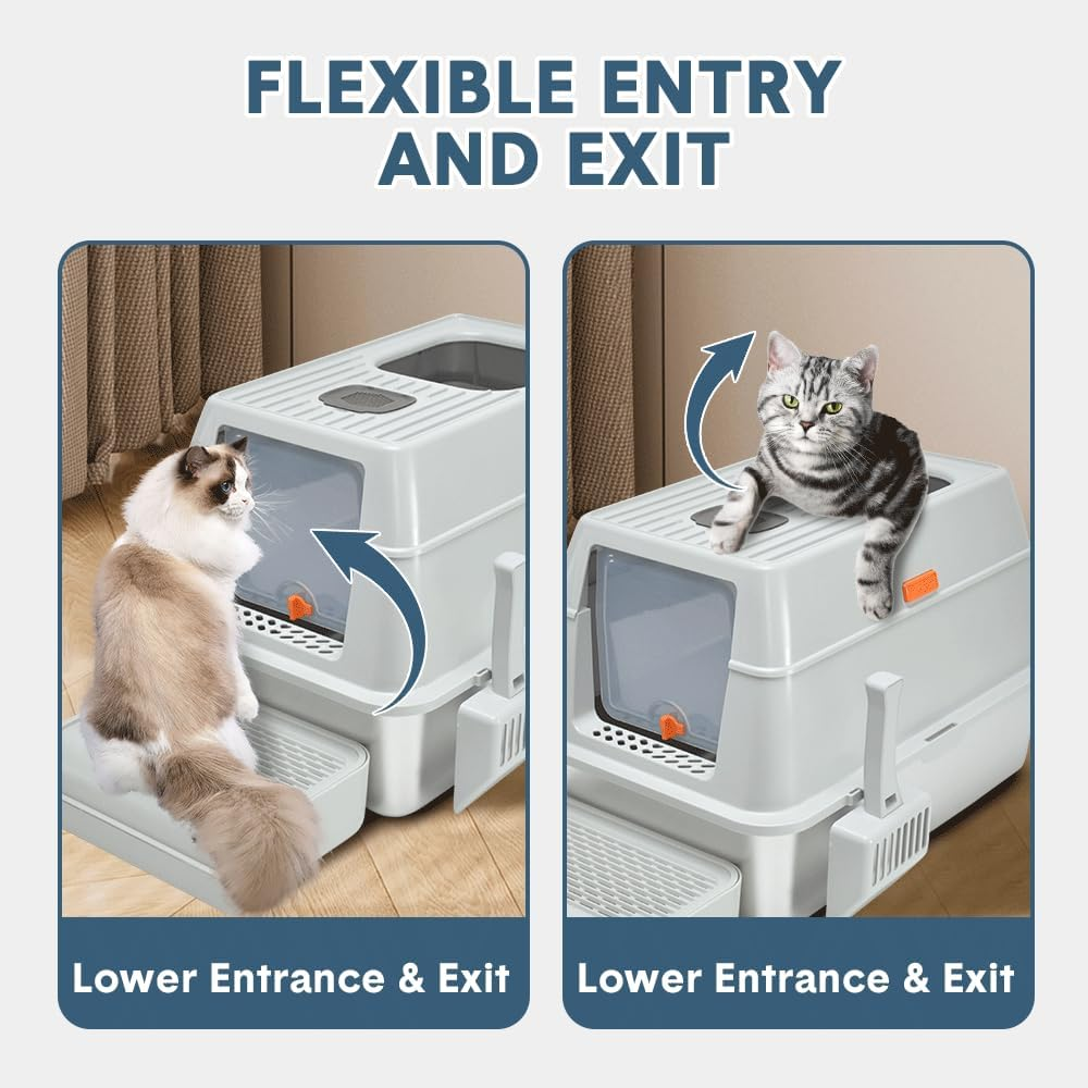 20L Cat Litter Box Large Stainless Steel Litter Box, Anti-Leak Enclosed Cat Litter Box Detachable Kitty Litter Tray with ABS Lid High Sides Scoop and Ramp Easy Cleaning Light Grey image number 6