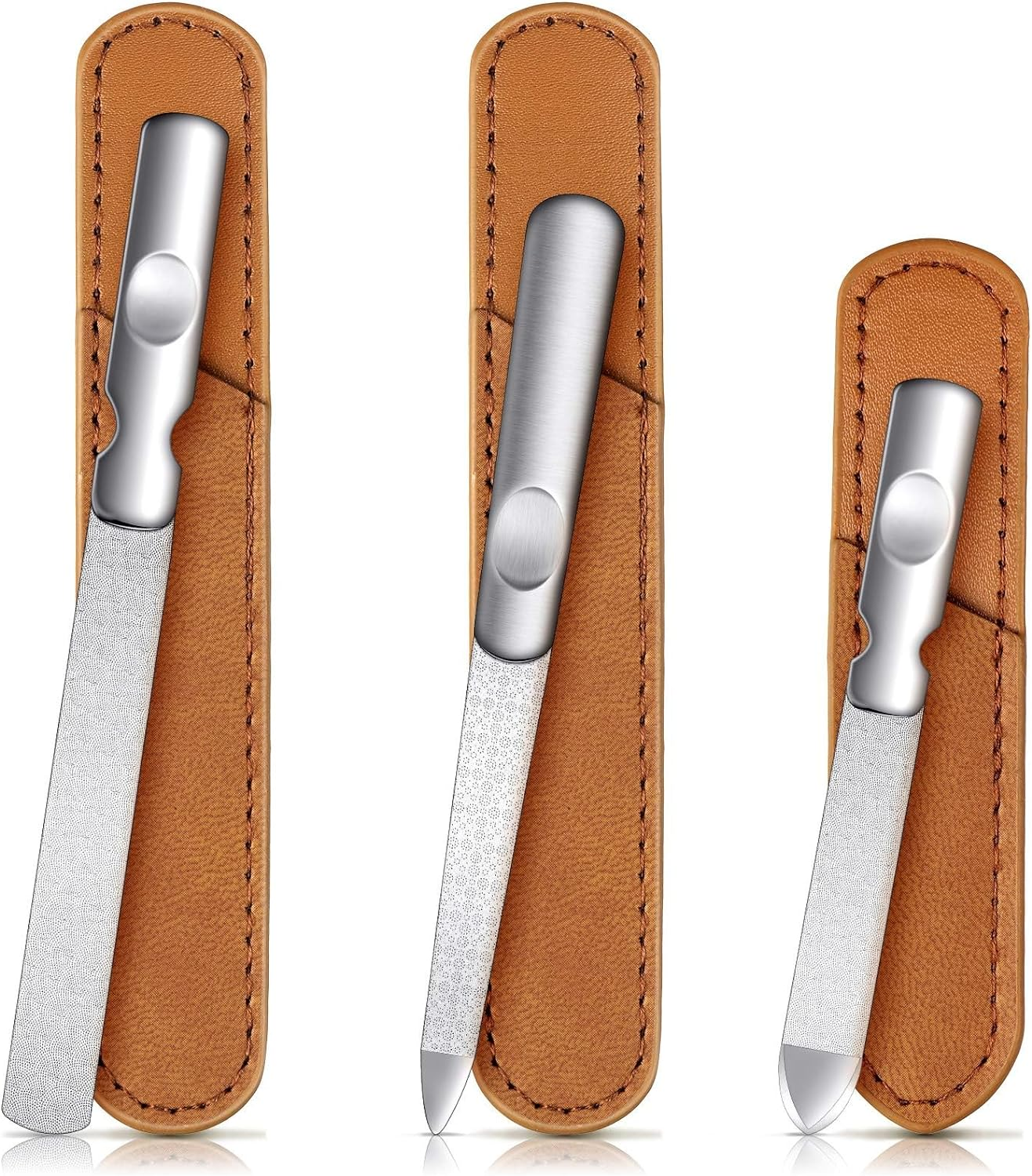 3 Pack Stainless Steel Nail Files with Leather Case, Double Sided Metal Nail Files with Anti-Slip Handle, Metal Nail File Buffer Manicure Pedicure Tools for Fingernail Toenail, Fine and Coarse