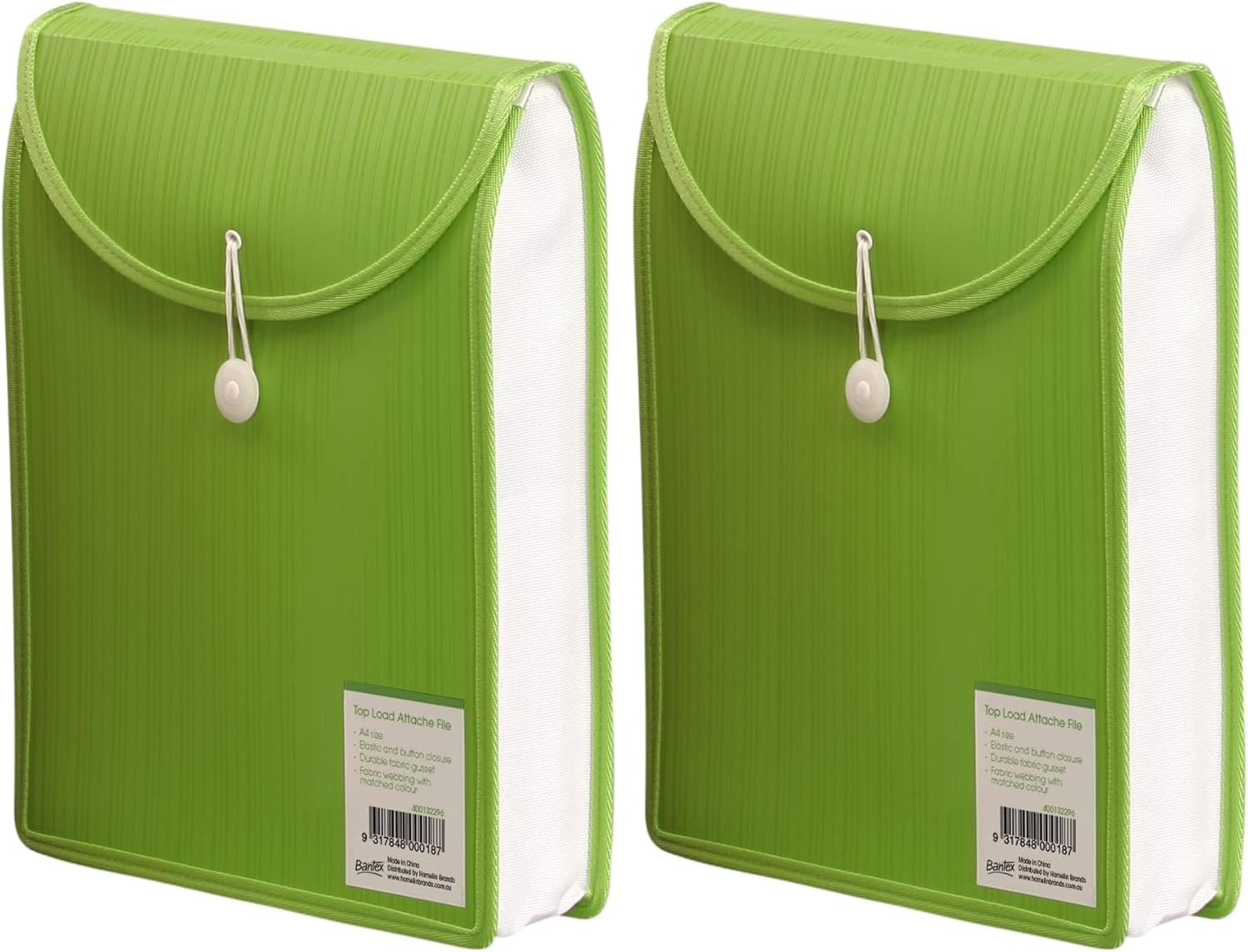 Bantex, A4 Top Load Attache File, Store up to 500 Sheets, Elastic and Button Closure, Geen - A4 (Pack Of 2)