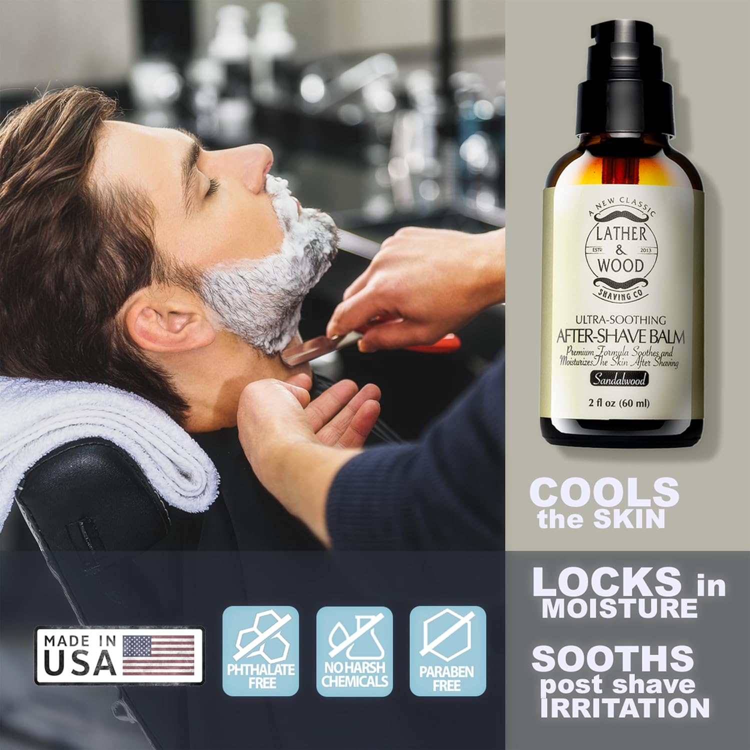 Leather and Wood Best After-Shave Balm, Sandalwood Scent, Premium Aftershave Lotion, Soothes and Moisturizes Face after Shaving, Does Not Dry the Skin, Eliminates Razor Burn for a Silky Smooth Finish image number 1
