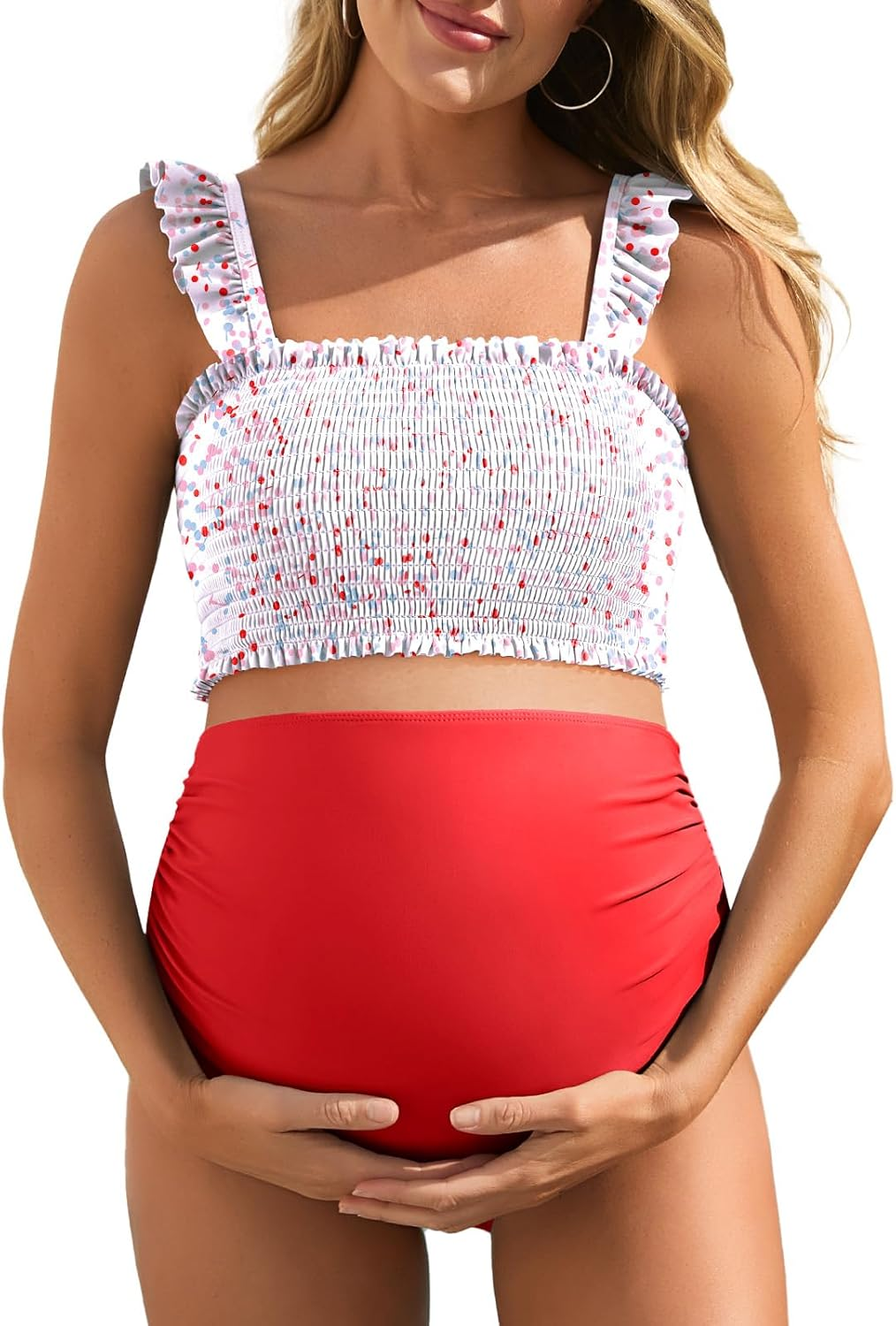 Maternity High Waist Bikini Swimsuit Two Piece Ruffled Hem Cute Floral Bathing Suit