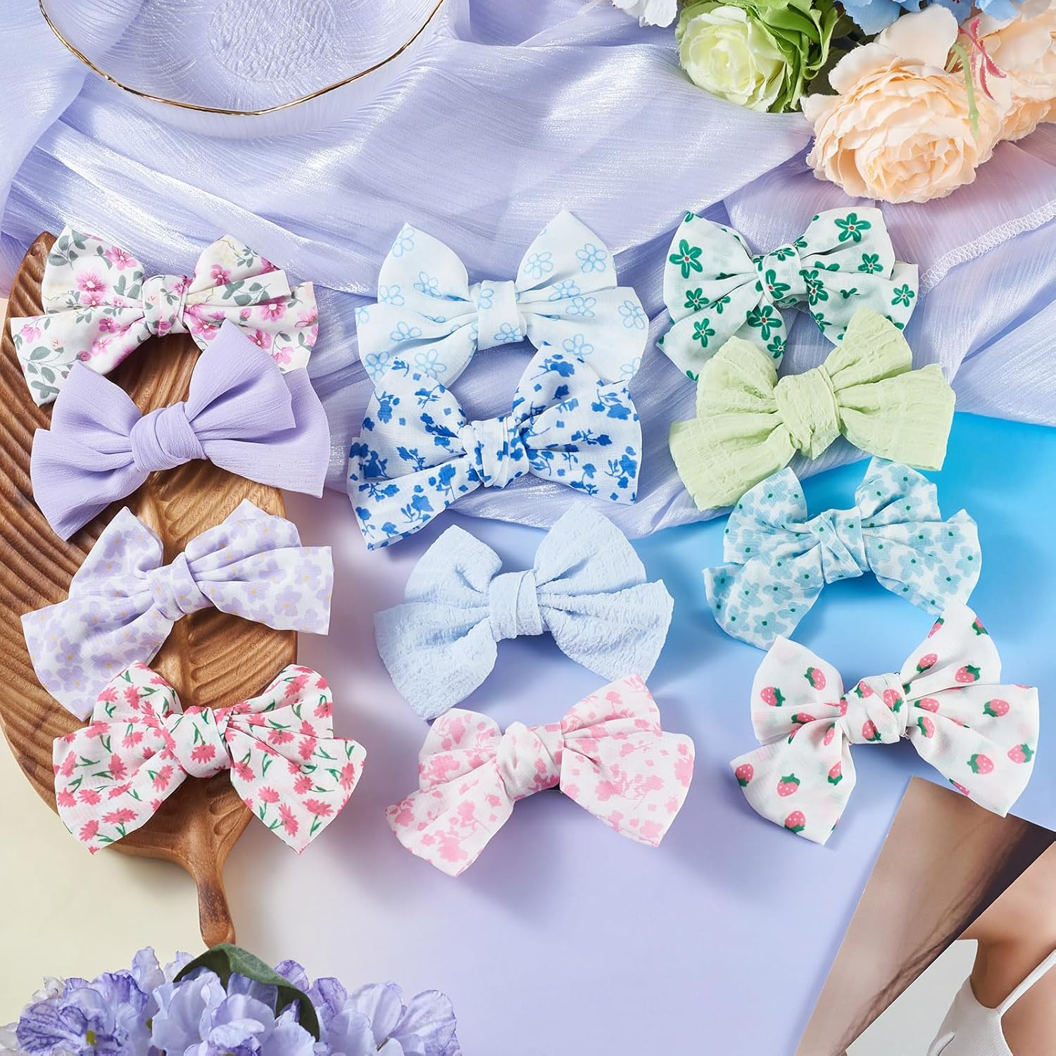 Cheriswelry 12Pcs Alligator Bow Barrettes 12 Colors Flower Strawberry Pattern Bowknot Barrettes Ribbon Bow Hair Clips for Women and Girls Decorative Accessory image number 5