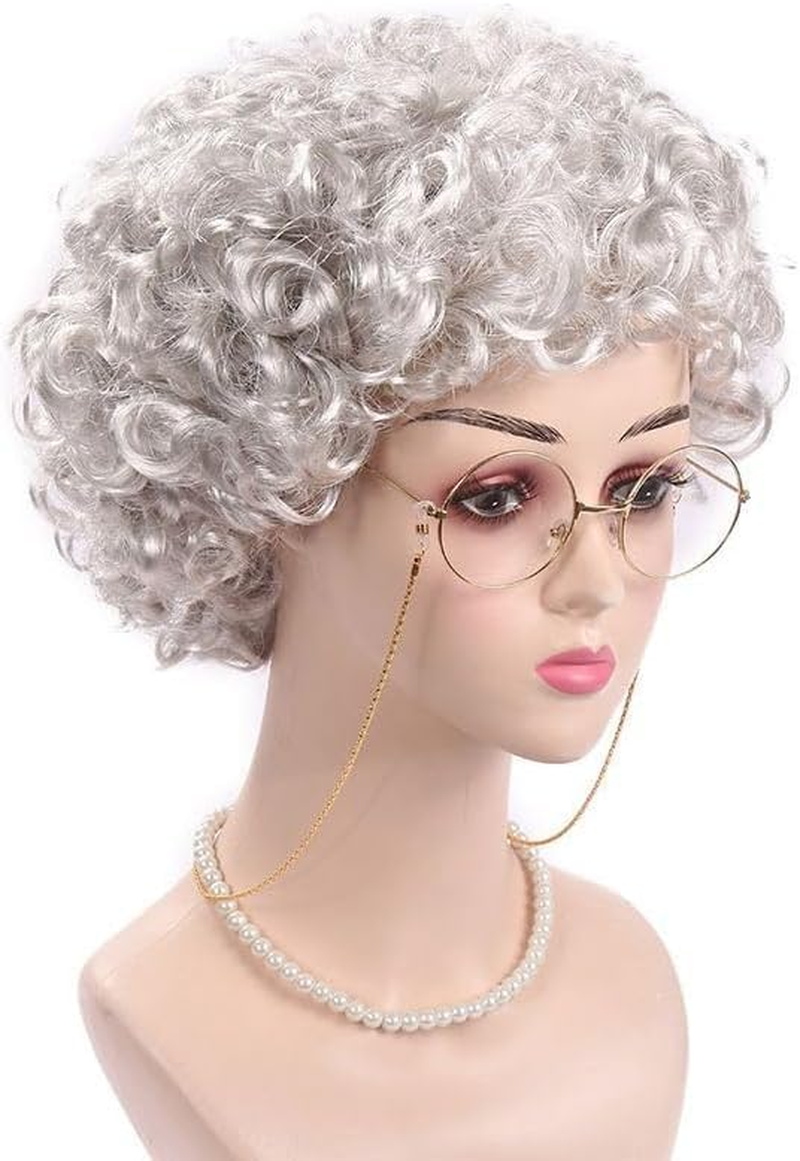 HENWUBEI 7 Piece Old Lady Cosplay Set, Grey Granny Wig Curls Necklace and Fake Eyeglasses Set,Halloween Masquerade Party Witch Decoration 100 Days of School Event image number 4