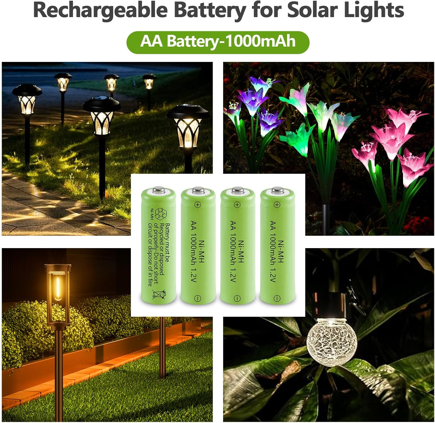 JINTION Rechargeable AA Batteries, Solar 1.2V Ni-Mh 1000Mah Double Battery High Capacity Low Self Discharge for Lights Lanterns Lamps, 8 Pack image number 1