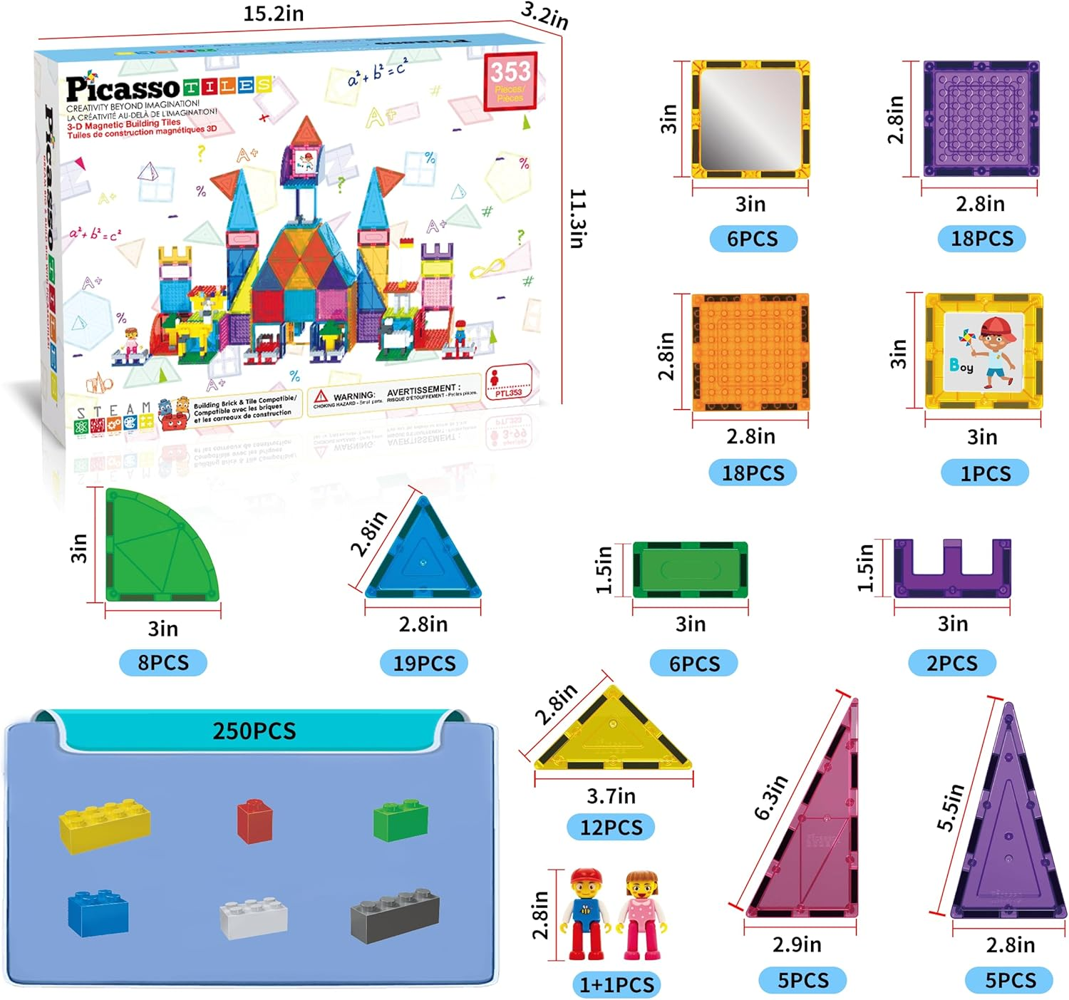 Picassotiles 353Pcsmagnetic Brick Tile and Magnetic Tile Combo Set, Action Figures Included, Building Blocks STEM Toys, Educational Montessori Preschool Toddler Classroom Learning Toys, Kids Activity image number 5