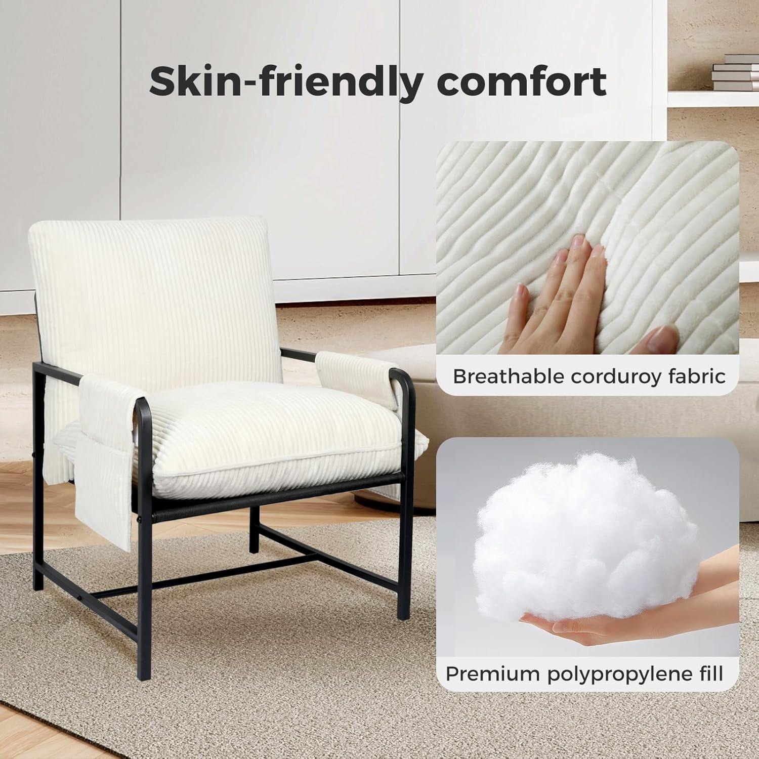 Levede Armchair Living Room Accent Chair with Sturdy Metal Frame, Bedroom Arm Chair-Lounge with Soft Corduroy Cushion,Zipper Split Design,Removable Storage Pockets,Comfy Sofa Seat for Office,Beige - Burnt Orange image number 5