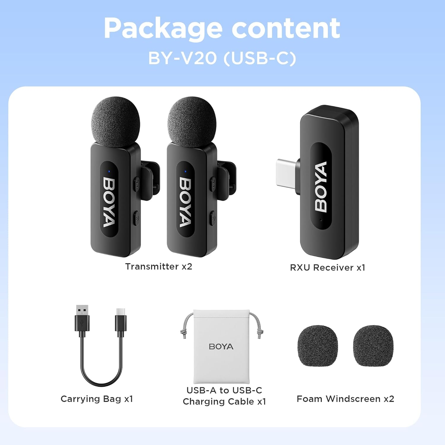 BOYA BY-V20 Wireless Lavalier Lapel Microphone for Android Iphone16/15 PC - Omnidirectional USB Type-C Condenser Video Recording Mic for Interview Podcast Vlog Youtube Live Stream (TX+TX+RX)