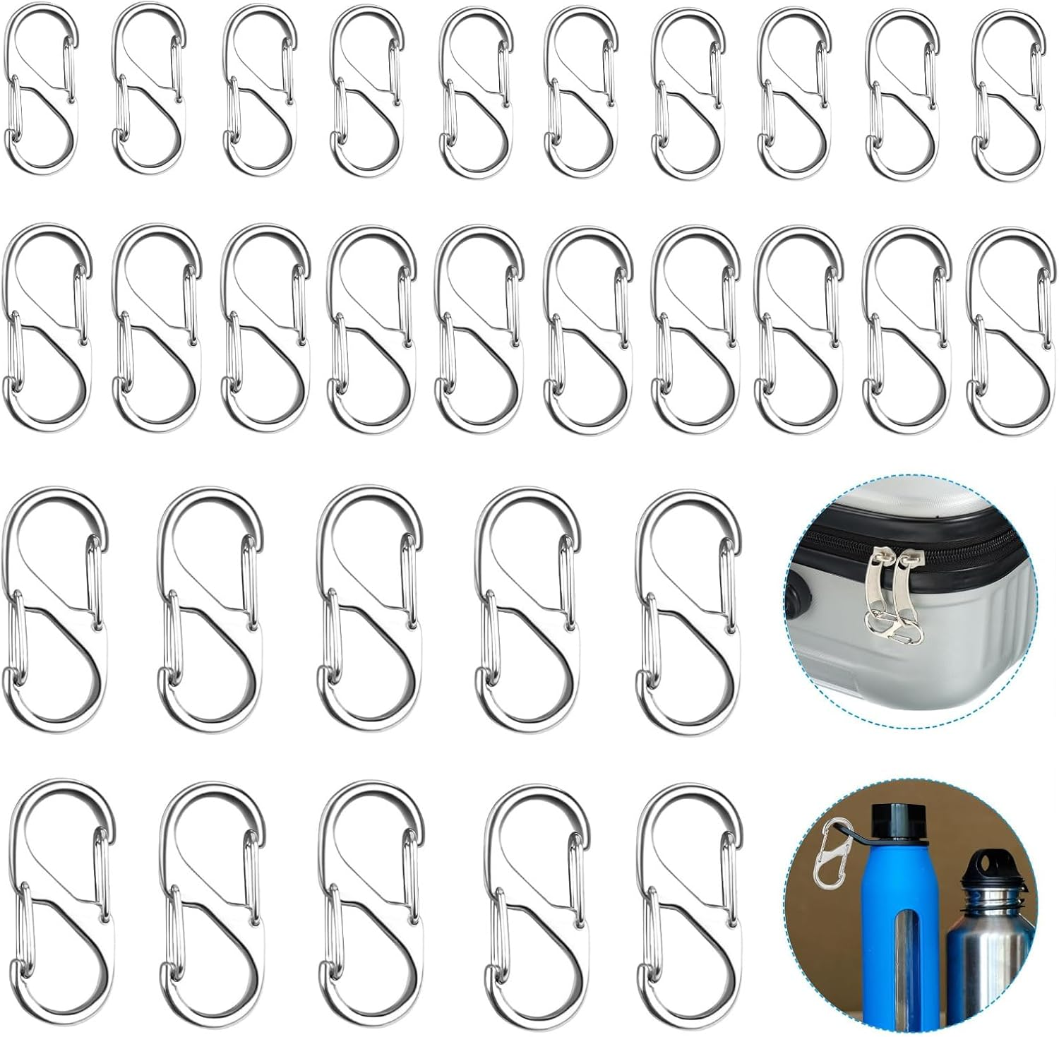 30Pcs Zipper Locks, Dual S Shaped Carabiner Clips, 3 Size Zipper Pull Replacement, Backpack Zipper Pulls Keep Zippers Closed, for Luggage Suitcase, Quick Clip Theft Deterrent (Silvery) image number 5