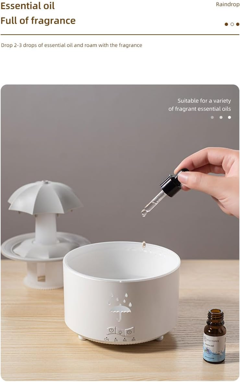 Rain Umbrella Humidifier & Aroma Diffuser with Soothing Rain Sounds, Water Drip Effect, 7 Colors Mood Light, Timer and Auto-Off, Ideal for Relaxation, Sleep, Home, Bedroom, Desk(White) image number 1