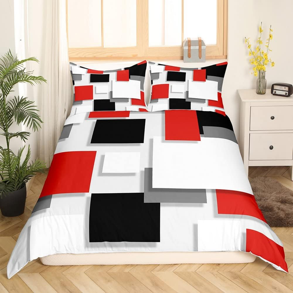 Geometric Square Duvet Cover Red Grey Black White Duvet Cover for Children Teenagers Modern Geometric Grid Ombre Bedspread Soft 135 X 200 Cm Modern Simple Graphic Printed Bed Linen