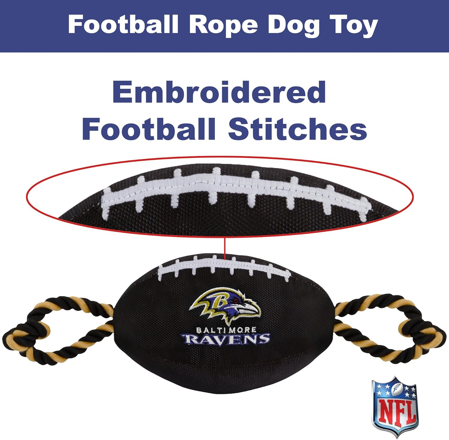 Pets First NFL Baltimore Ravens Football Dog Toy, Tough Nylon Quality Materials with Strong Pull Ropes & Inner Squeaker in NFL Team Color (BAL-3121) image number 2