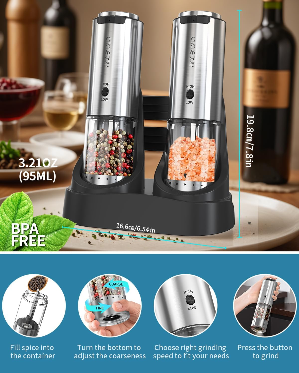 CIRCLE JOY Salt and Pepper Grinder Set Electric Rechargeable Speed Control Pepper Mill Set with Portable Dual Charging Station, External Adjustable Coarseness, 95ML Spice Container image number 1