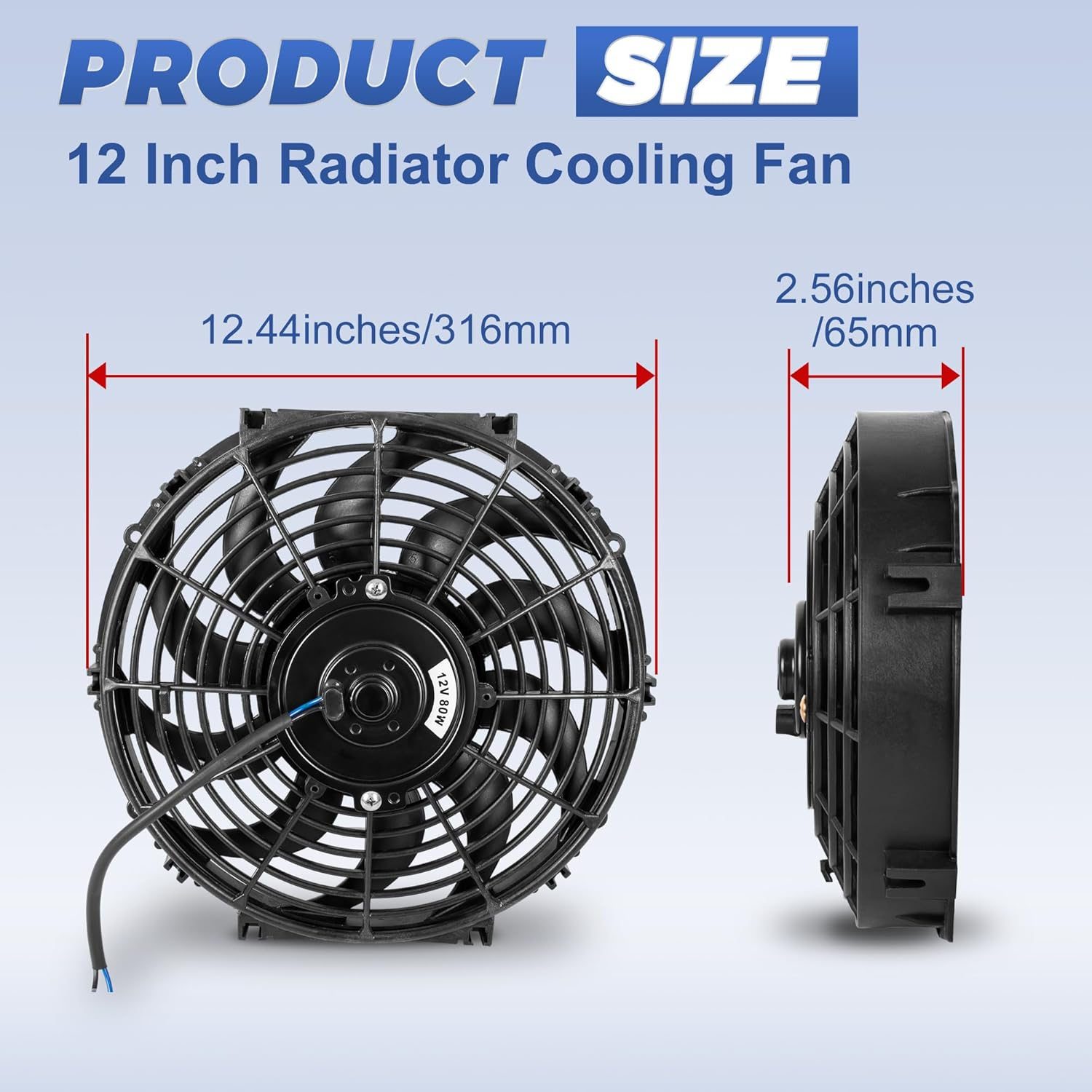 12 Inch 12&rdquo; Black Universal Electric Radiator Slim Fan 12V 80W High Performance Cooling Push Pull W/Mounting Kit 1PCS image number 5