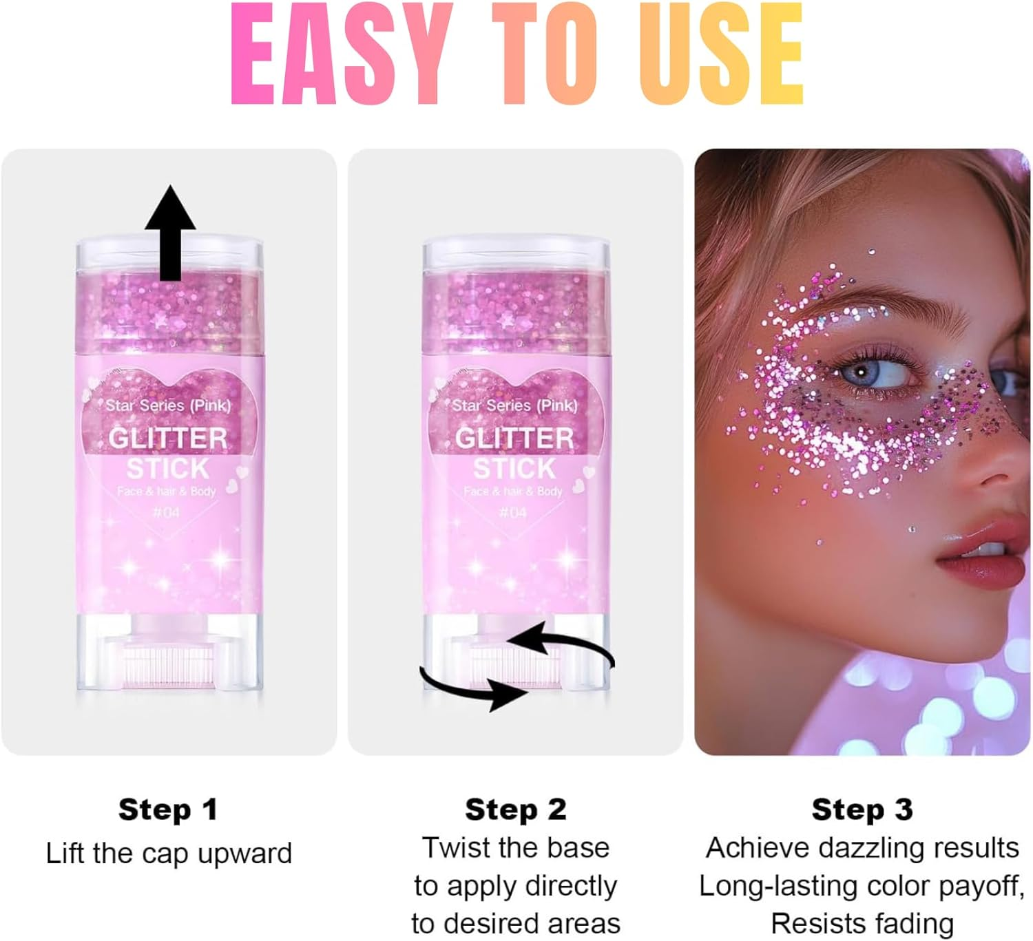 Holographic Body Glitter Gel Stick - Chunky Face & Hair Shimmer, JOMWEN Glue-Free & Waterproof Makeup for Festivals, Raves, Concerts, Halloween Accessories (04 Pink, 1 Pack) - 01 Rainbow image number 2