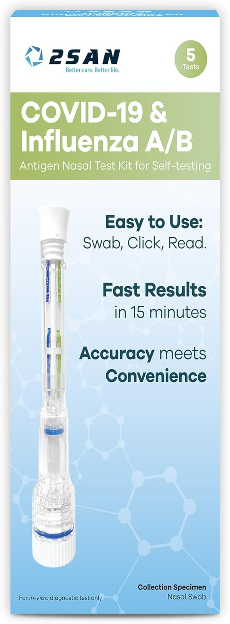 2San COVID-19 & Flu A/B Test &ndash; Results in 15 Minutes &ndash; 5-Pack (5 Test) &ndash; Rapid Antigen Home Test &ndash; Clinically Accurate &ndash; Easy, Non-Intrusive Nasal Swab &ndash; Detects Flu & COVID