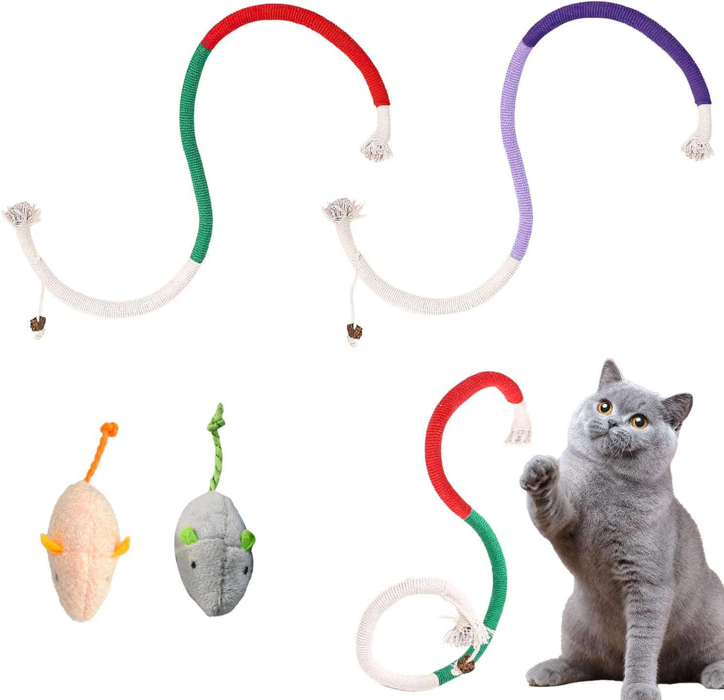 RUGBOL 4 Pcs Cat Toys, Bite Rope Catnip Toy Catnip Toy Mouse Kitten Toys Interactive Cat Toys for Indoor Cats Kitten for Boredom and Exercise (Red+Purple)