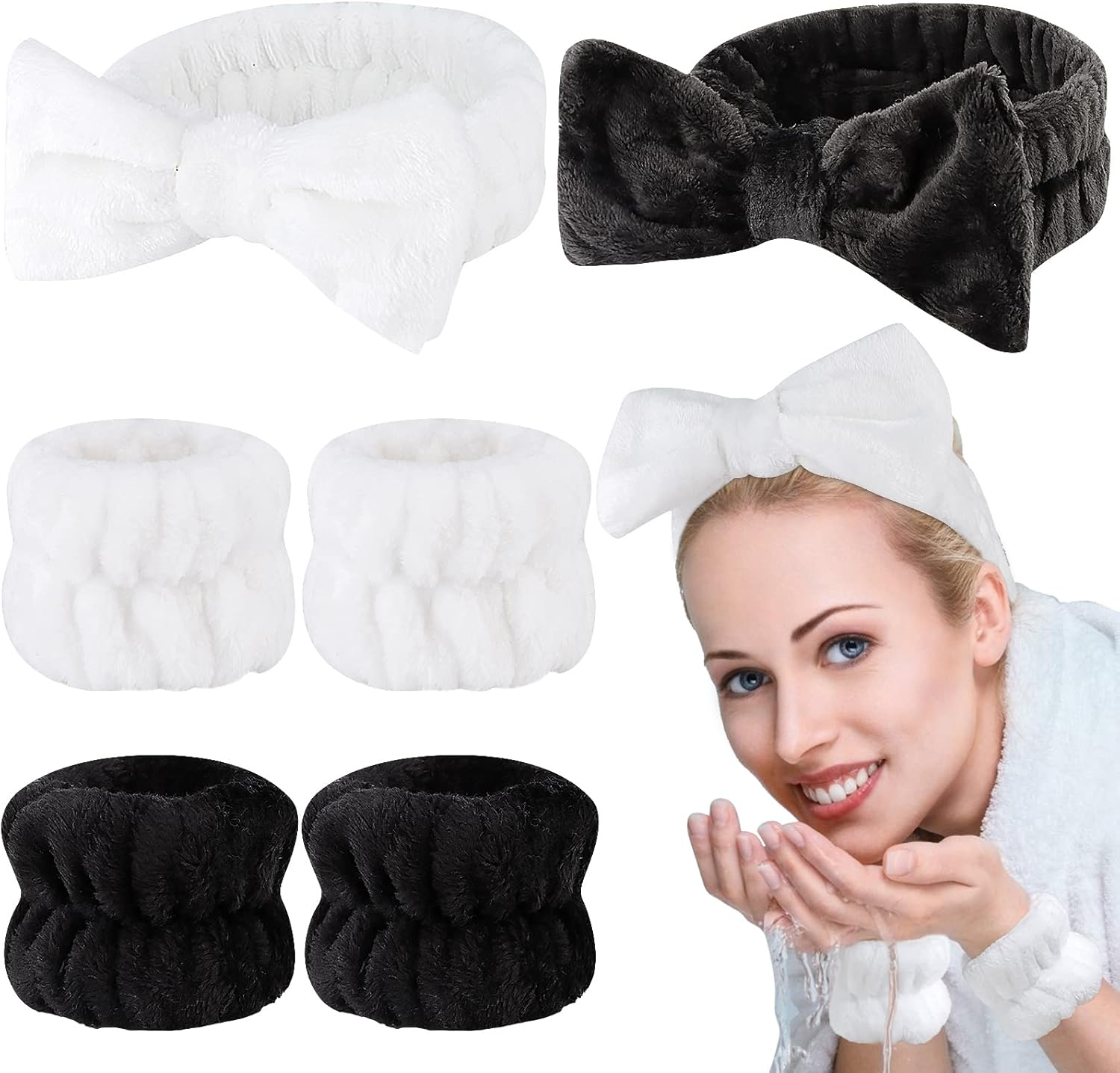 Casoty 6 Pcs Black Microfiber Hairband Set Soft Coral Fleece Material, Good Elasticity, Wide Application for Makeup Headband, Yoga, Reading, Work, Halloween Costume, Pajama Parties