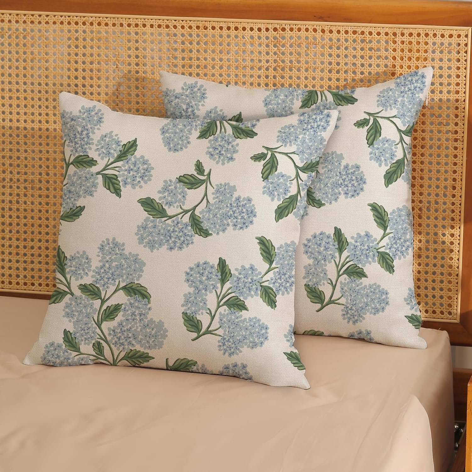 Spring Pillow Covers 18X18 Inch 2 Pcs Blue Green Hydrangea Flower Decor Throw Pillows Vintage Floral Seasonal Summer Outdoor Decoration Pillowcase Linen Cushion Cover for Couch Sofa image number 5