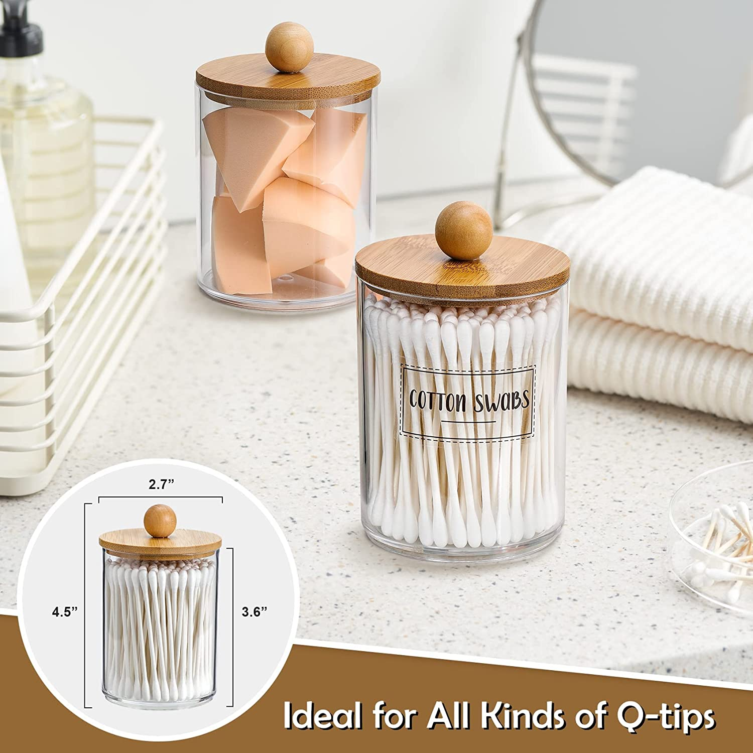 4 Pack Qtip Holder Dispenser with Bamboo Lids - 10 Oz Clear Plastic Apothecary Jar Containers for Vanity Makeup Organizer Storage - Bathroom Accessories Set for Cotton Swab, Ball, Pads, Floss image number 2