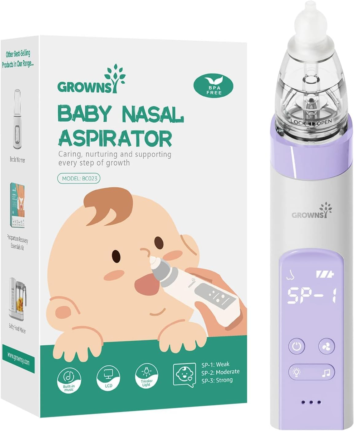 GROWNSY Nasal Aspirator for Baby, Electric Nose Aspirator for Toddler, Baby Nose Sucker, Automatic Nose Cleaner with 3 Silicone Tips, Adjustable Suction Level, Music and Light Soothing Function (Gray)