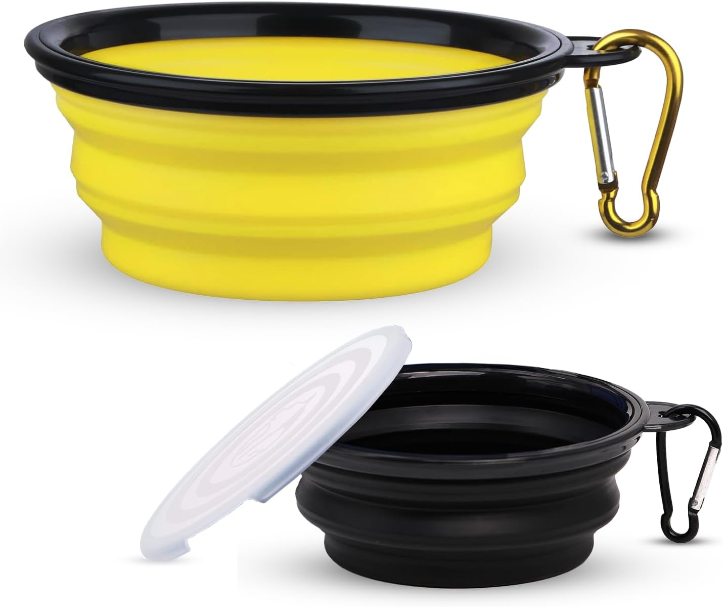 Set of 2 Collapsible Dog Bowls for Food & Water - Extra Large 1000Ml and Small 350Ml- Portable, Foldable Travel Dishes with Leash Attachment-Ideal for Puppies - Yellow (XL) & Black (Small)