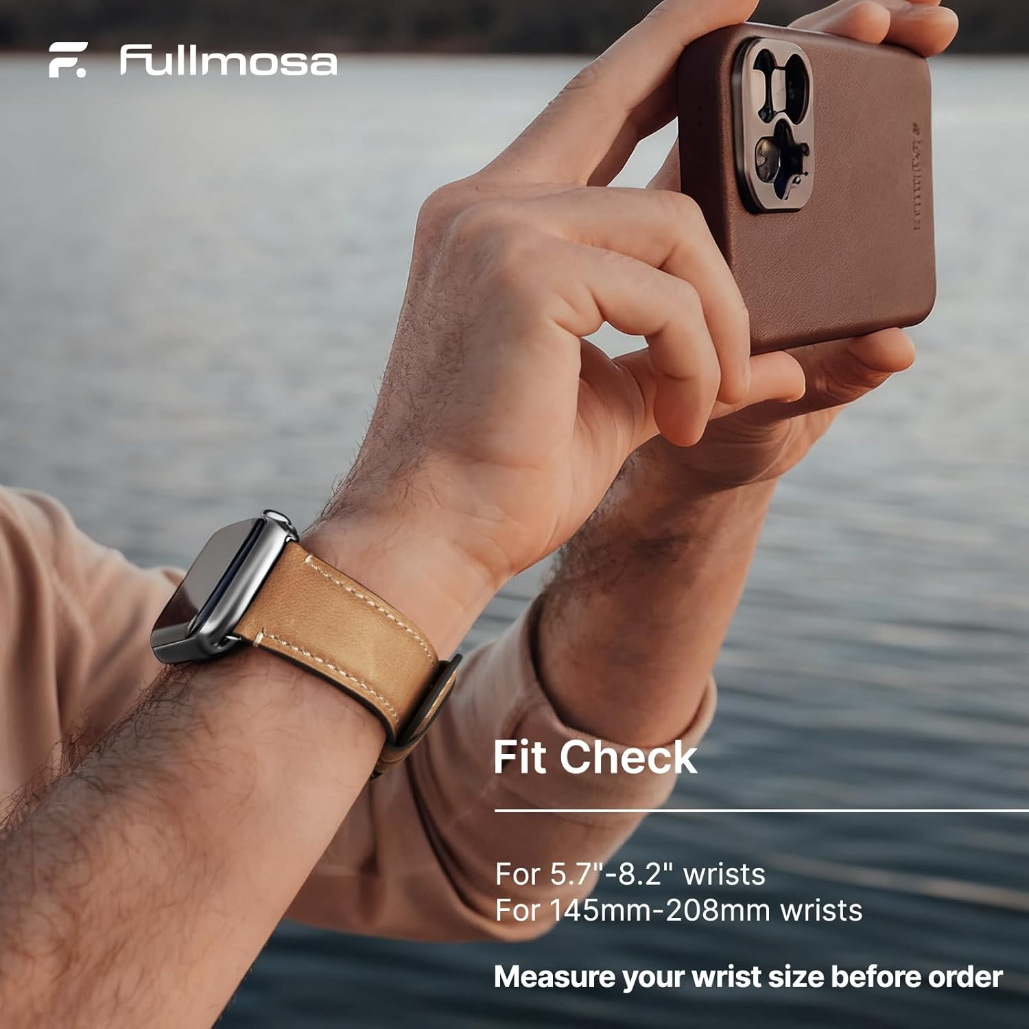 Fullmosa Real Leather Band Compatible with Apple Watch Band 49Mm 46Mm 45Mm 44Mm 42Mm,Yola Leather Apple Watch Strap for Iwatch Ultra SE Series 11/10/9/8/7/6/5/4/3/2/1 Men Women, Light Brown+Silver image number 6