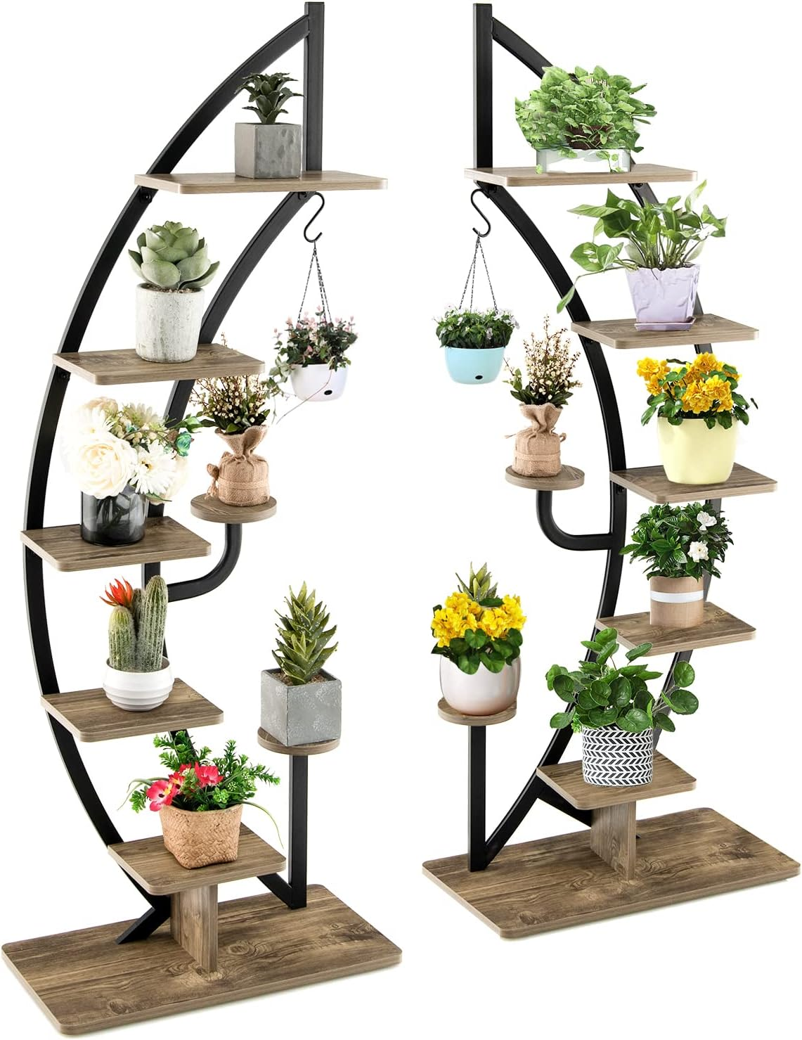 Costway 6-Tier Tall Metal Plant Stand Rack, Curved Half Moon Shape Ladder Planter Shelf W/ Top Hook, Anti-Toppling Device, Modern Flower Pot Holder, Indoor Metal Flower Shelf for Balcony, Living Room