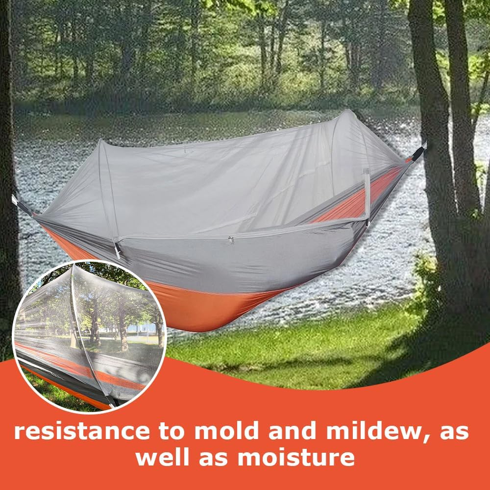 Travel Camping Hammock with Mosquito Net, Outdoor Double Hammock, Automatically Expand Portable Hammocks, Camping Gear for Hiking Beach Backpack Travel, Grey & Orange image number 5