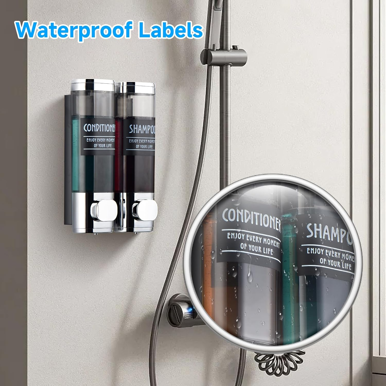 Shampoo and Conditioner Dispenser,Glintgath Shower Dispenser 2 Chamber No Drill Shampoo Dispenser for Shower Wall Mounted Shower Soap Dispenser for Bathroom Hotel,2 * 300Ml,Chrome