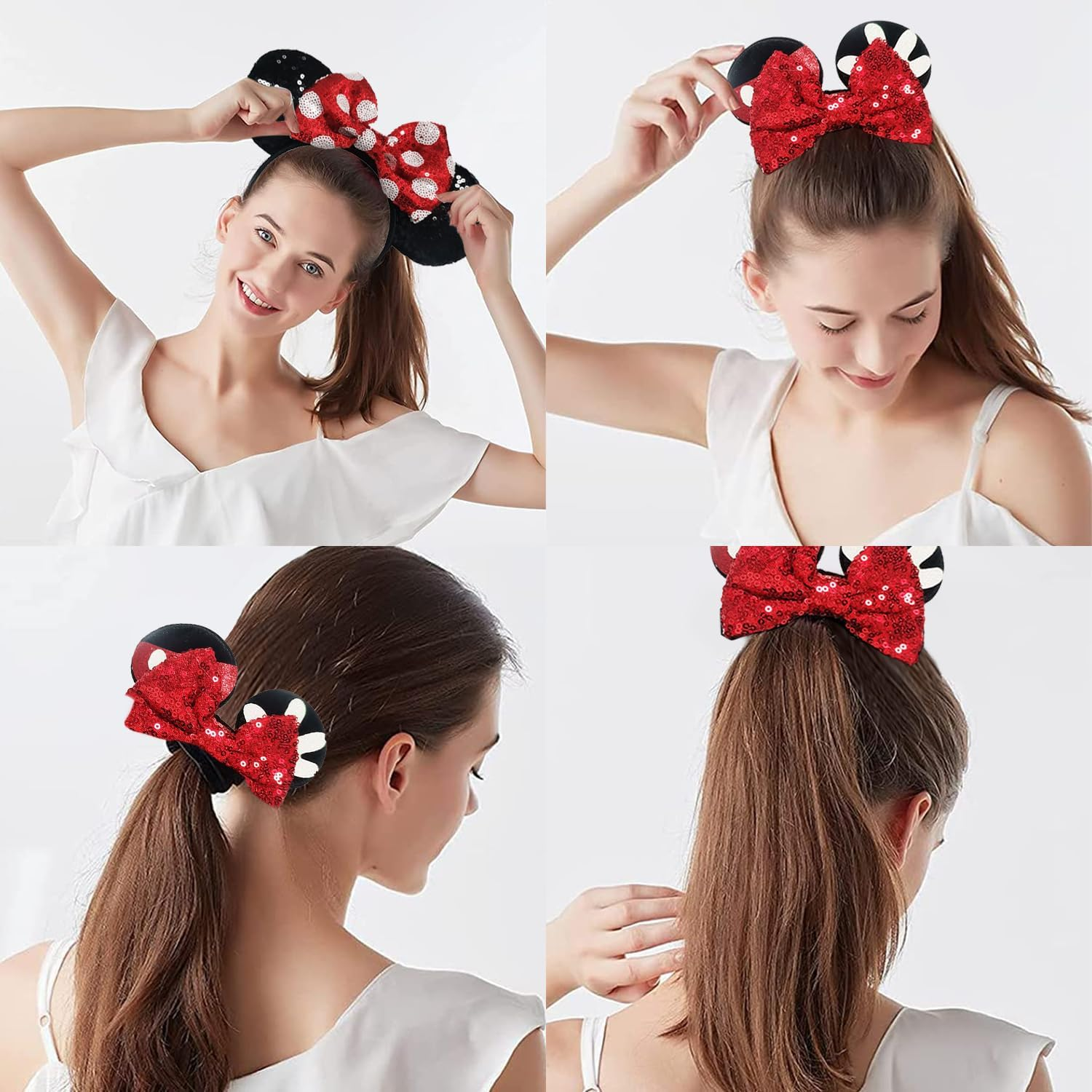 1 Pcs Shiny Mouse Ears Headband with Sequin Bows and 1 Pcs Sequin Mouse Ears Velvet Scrunchies with Bow Hairs Accessories Elastic Rubber Hair Band Cute Hair Ties Rope Ponytail Holder Sparkle Bow Girl Headwrap for Toddler Baby Boys Girls Women Adult Kids Birthday Party Celebrations Gift Amusement Park (Red) - Red image number 3