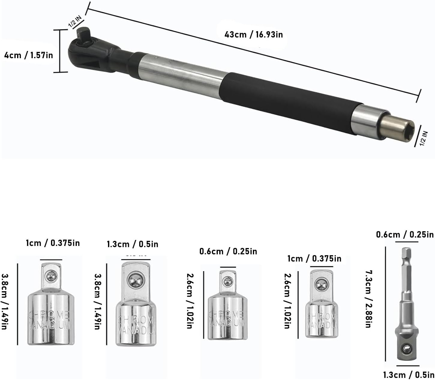 Jectse Offset Extension Wrench Set, Socket Spanner with Adapters, Ni Cr Alloy Steel and Tungsten Steel, One Key Forward and Reverse Switch, for Automotive Repair image number 3