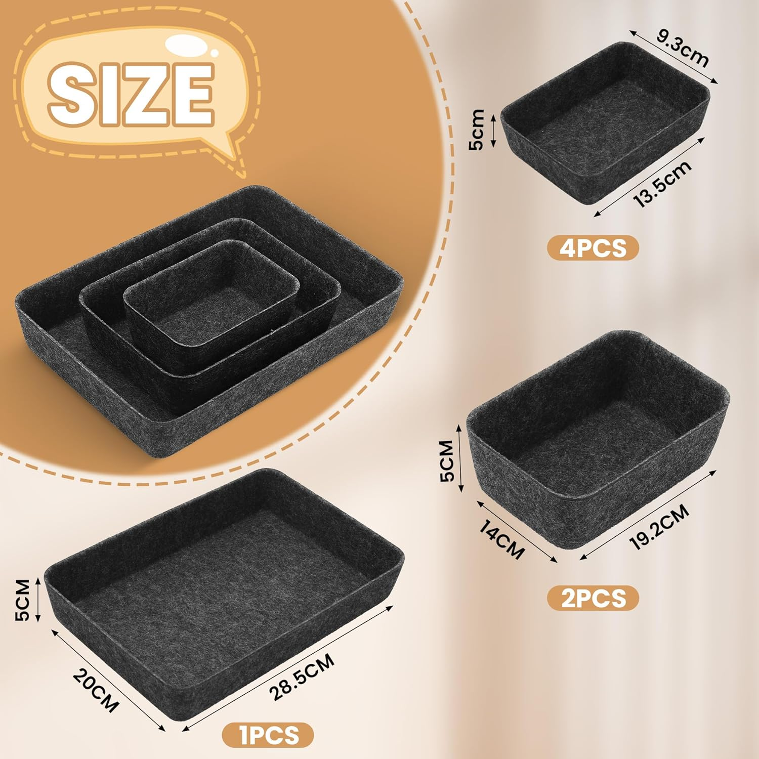 Hejo Set of 7 Felt Drawer Organiser, Drawer Organiser System, Thickened Drawer Insert, Felt Storage Box, Flexible Felt Box for Bedroom, Office, Changing Table (Dark Grey) image number 6