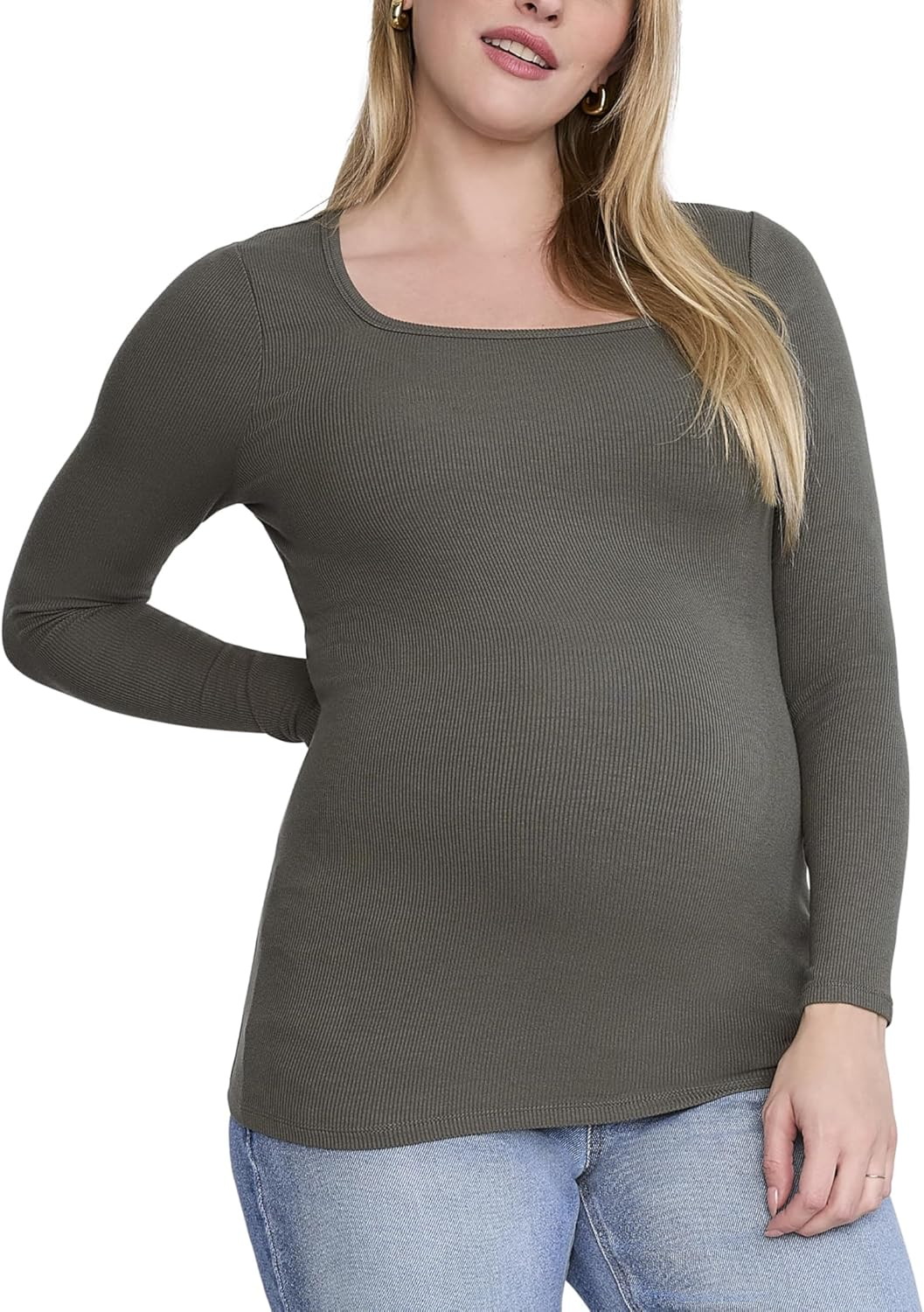 Motherhood Maternity Women'S Long Sleeve Square Neck Ribbed Pregnancy T-Shirt image number 5