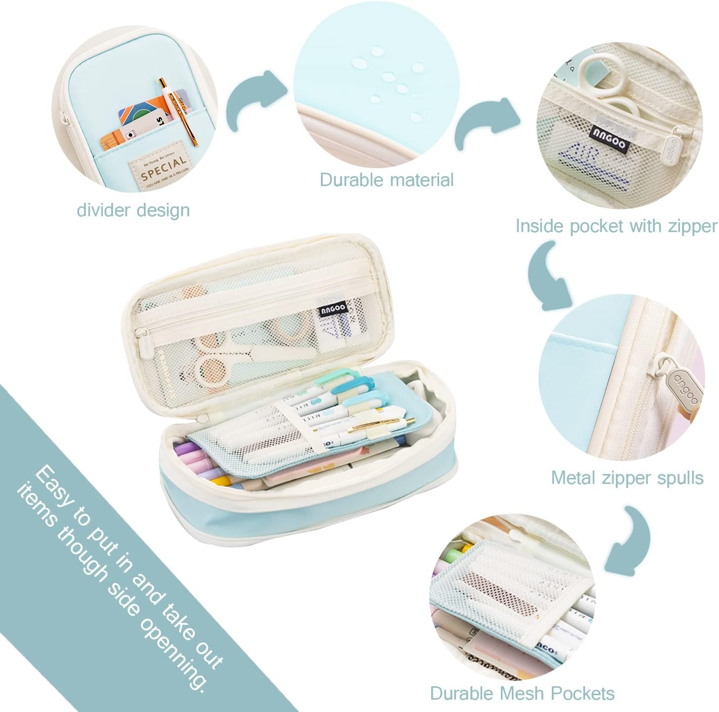 MAMUNU Expandable Pencil Case with Compartments, Large Capacity Pencil Cases Pencil Bag Pouch Office School, Portable Pencil Case Large School Stationery Organizer, Makeup Cosmetic Bag, Blue - Purple image number 4