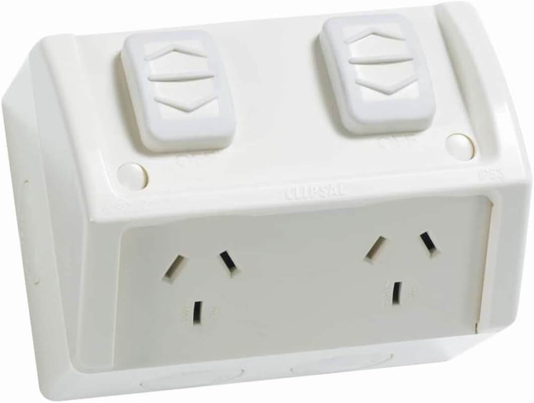 Clipsal 15A 250V Weather Proof Twin Switch Socket Outlet, Resistant Grey