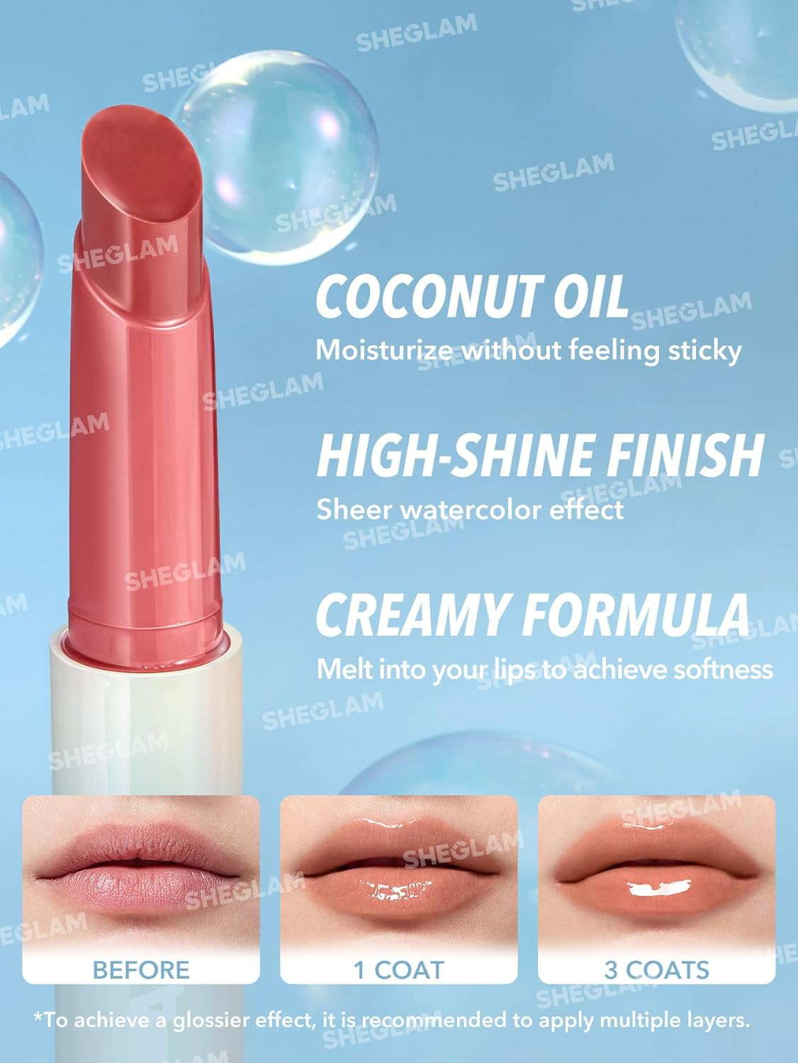 SHEGLAM Poutperfect Moisturizing Solid Lip Gloss Non Sticky Lipstick with Coconut Oil - in Bloom