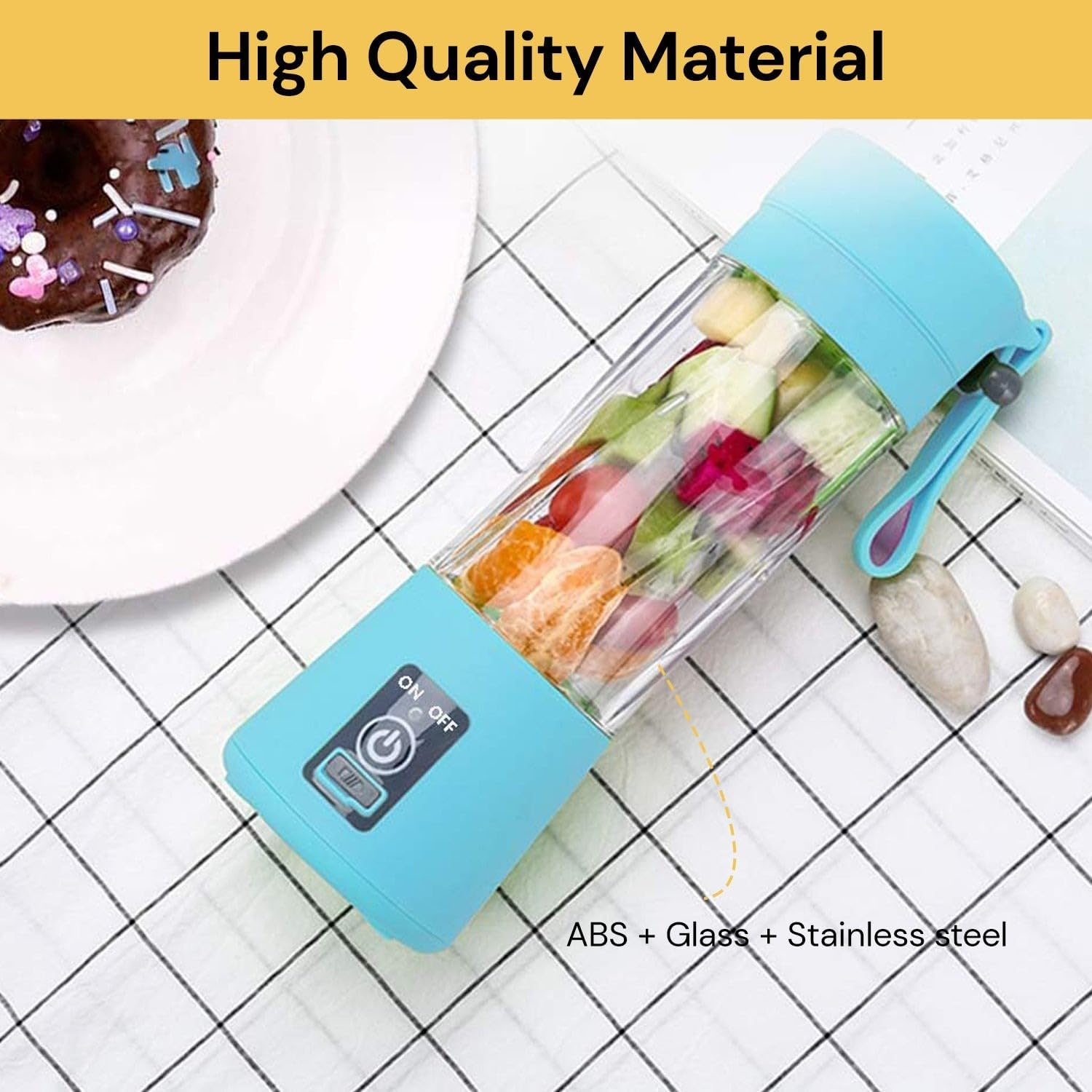 EZONEDEAL Electric USB Rechargeable Juicer Blender for Smoothies, 380Ml Juicer Cup Mini Portable Blender, Smoothie Blender for Shakes Fruit Vegetable Cutter Drink Bottle Kitchen Accessories (Blue) - Pink image number 3