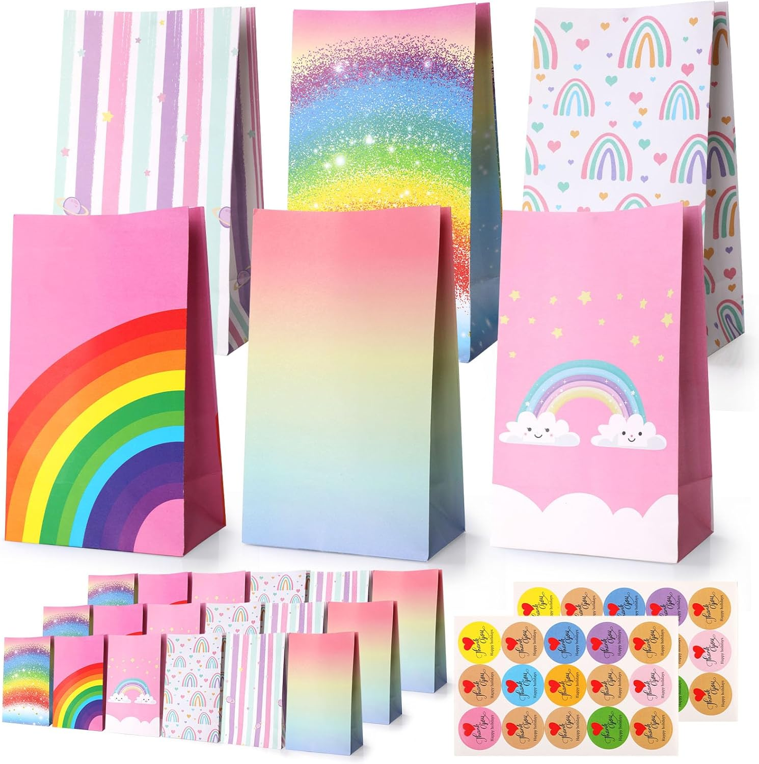 Secpeak Gift Paper Bags, 18 Pcs Small Birthday Gift Bags with 30 Stickers,Rainbow Paper Bags Goody Cookie Bags Bulks for Kids Girls Classroom Party, Wedding Holiday Party Favor - 22 X 13 X 8Cm