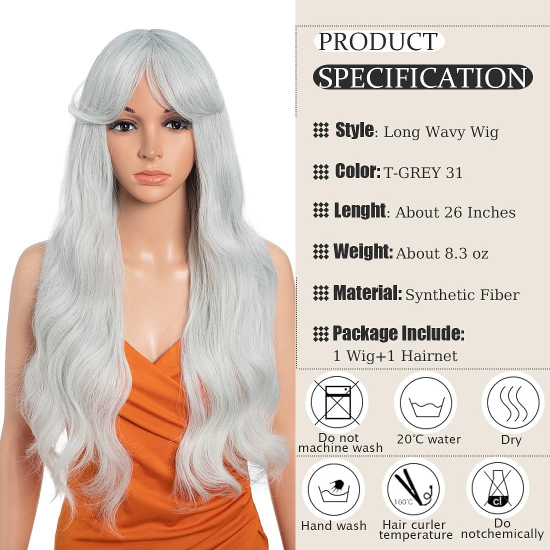 26 Inch Long Wavy Wigs for Women, Black Wig with Bangs, Ombre Brown Wig with Dark Roots, Long Layered, Heat Resistant, Synthetic, Natural Looking for Daily Party Use (T-Grey 31)