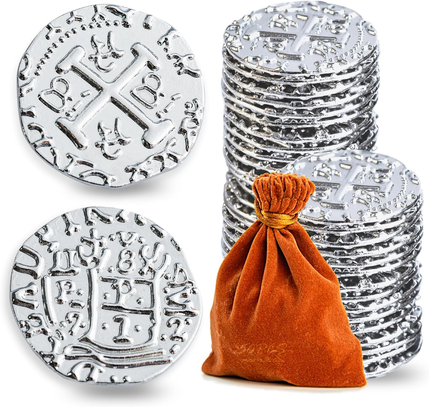 Metal Pirate Coins, Prefdo 100PCS X Large Gold Treasure Coin Set Spanish Doubloon Replicas Fantasy Metal Coins Pirate Gold Coins Tokens for Board Games Pirate Party Cosplay image number 6