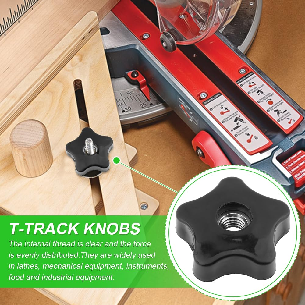 4PCS T-Track Knobs, 3/8 Inch 16 Through-Hole Knobs, Five-Star Thru Threaded Knob Nuts, Star Shape Knurled Clamping Nuts for Sawing Machine, Drilling Machine, Plastic Screw-On Type(Black) image number 3