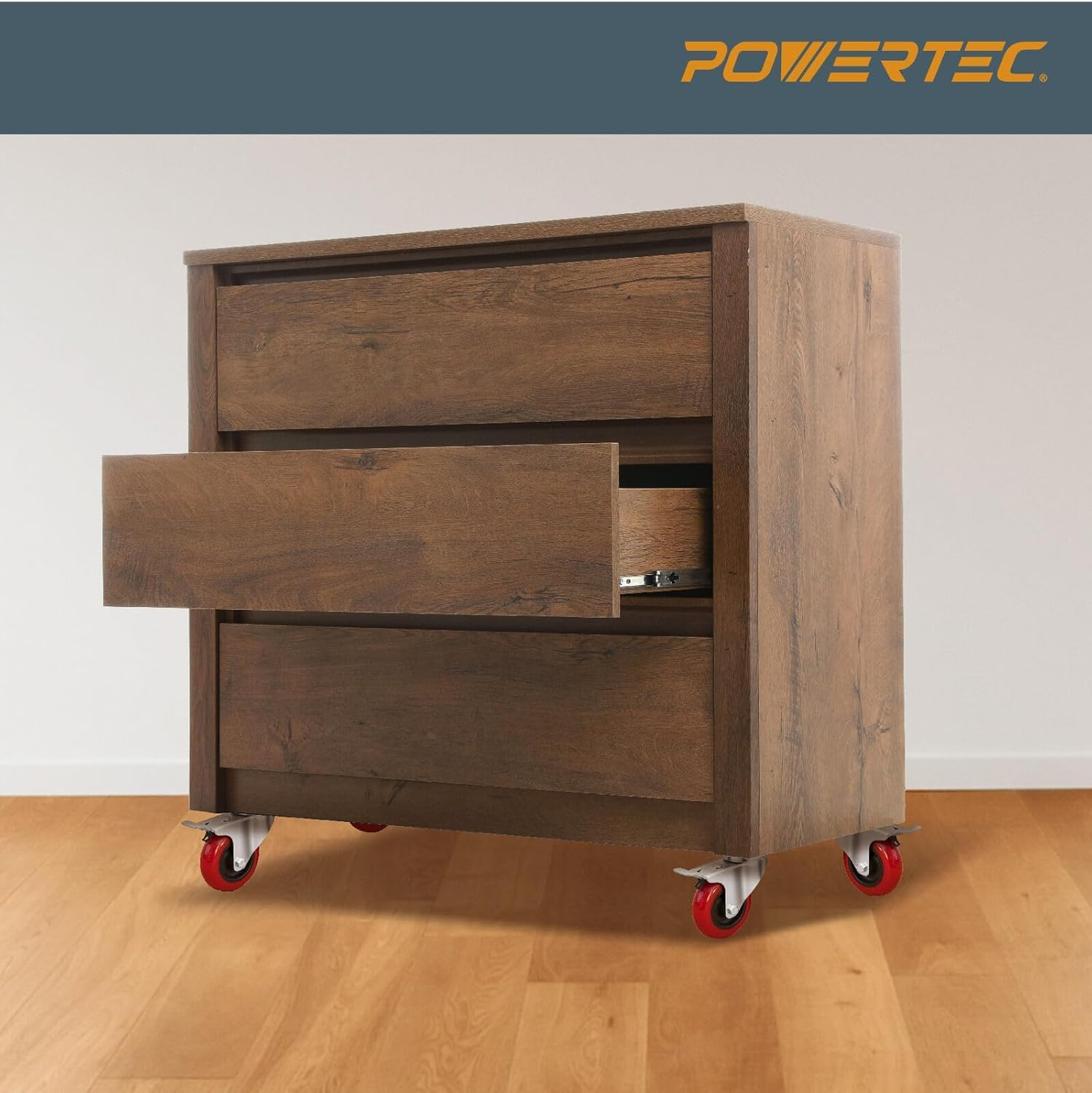 POWERTEC 3 Inch Swivel Caster Wheels Set of 4 with Brake & 640 Lbs Loads, Heavy Duty Plate Casters, Dual Locking PU Castor Wheels for Furniture, Cart, Dolly and Workbenches (17205) image number 2