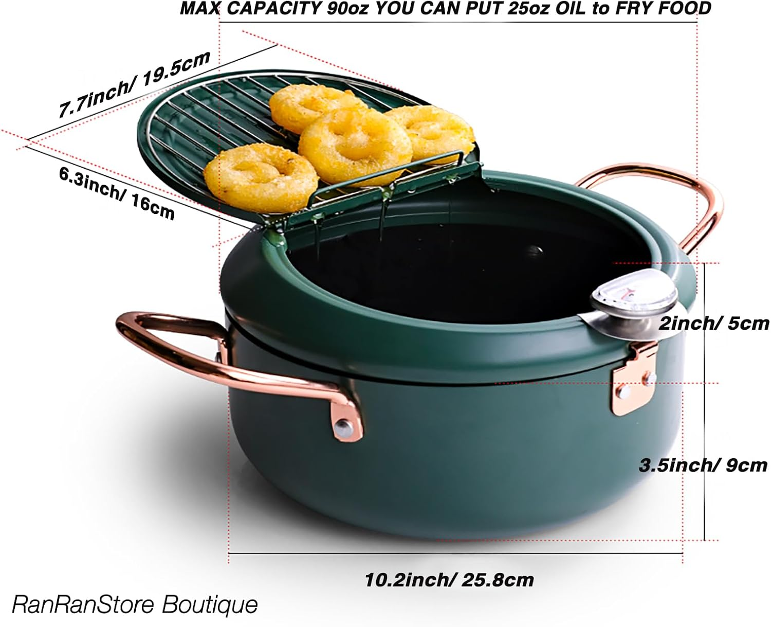 Cyrder Japanese Tempura Deep Fryer Pot with Fahrenheit Thermometer 3.5L- Nonstick Carbon Steel Oil Fryer, Fried Tempura/Chicken/Fish/Shrimp, Easy Clean, Green Big Tempura Pan, 10.2Inch image number 4