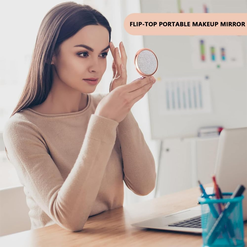 2-Piece Mini round Double-Sided Mirror Set &ndash; Diamond Metal Compact Folding Mirror, 7 Cm Travel & Pocket Mirror, Sturdy Rose Gold Cosmetic Mirror for Women & Girls image number 3